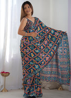 Vegaa Fashion Blue Chinon Silk Print Work With Mirror Work Border Designer Saree - Distacart