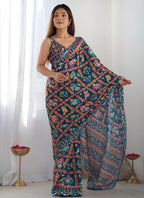 Vegaa Fashion Blue Chinon Silk Print Work With Mirror Work Border Designer Saree - Distacart