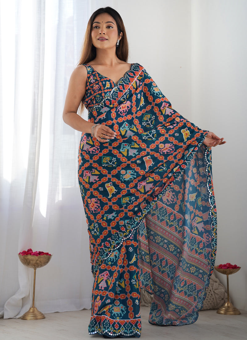 Vegaa Fashion Blue Chinon Silk Print Work With Mirror Work Border Designer Saree - Distacart