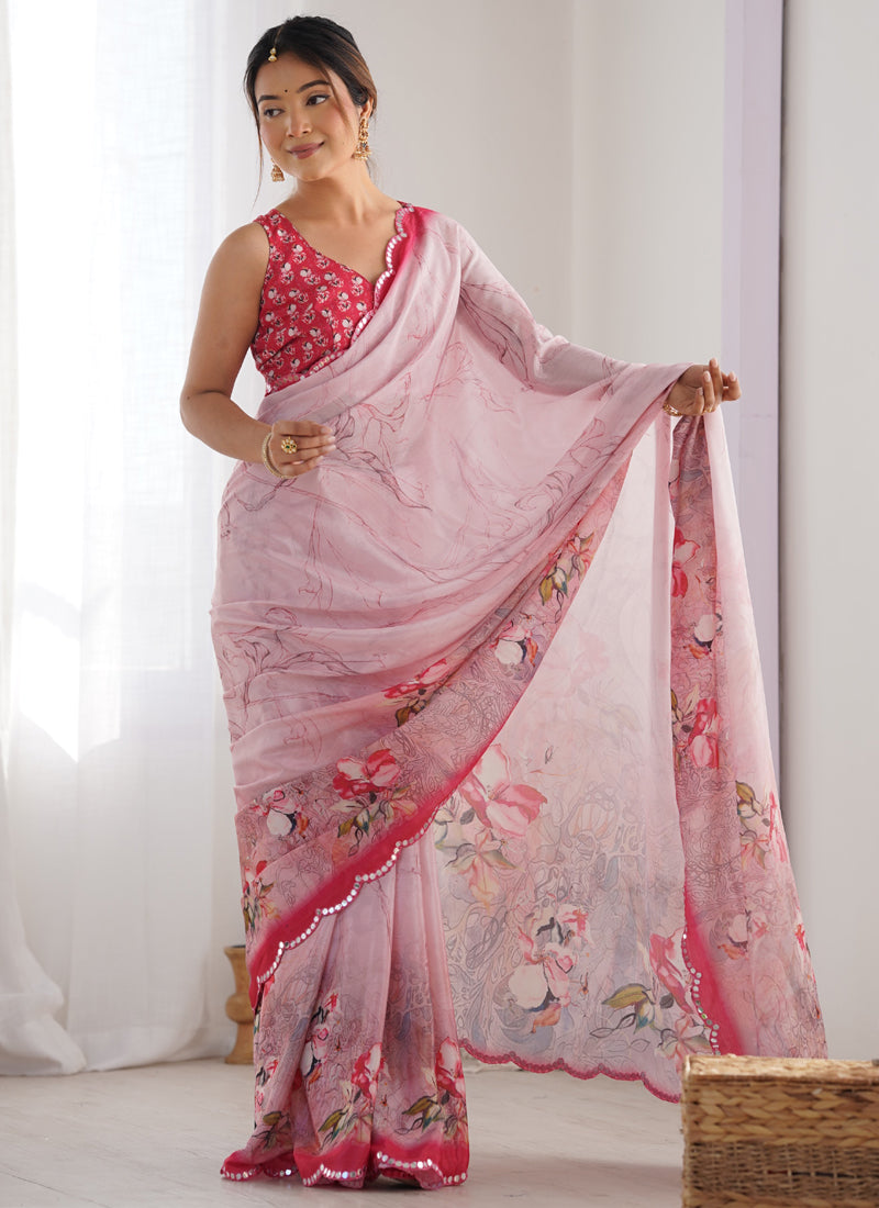 Vegaa Fashion Baby Pink Chinon Silk Print Work With Mirror Work Border Designer Saree - Distacart