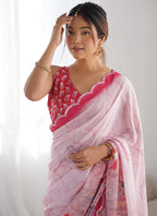 Vegaa Fashion Baby Pink Chinon Silk Print Work With Mirror Work Border Designer Saree - Distacart