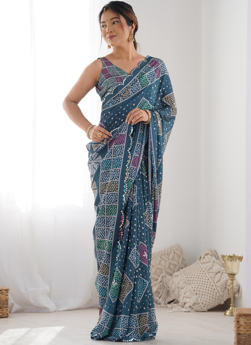 Vegaa Fashion Blue Chinon Silk Print Work With Mirror Work Border Designer Saree - Distacart