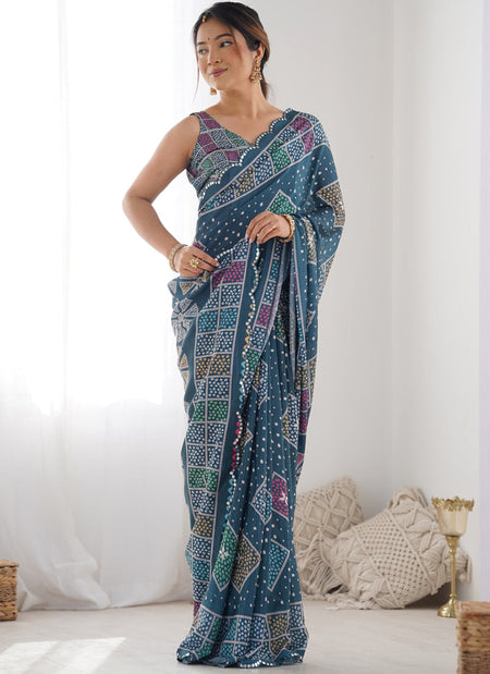 Vegaa Fashion Blue Chinon Silk Print Work With Mirror Work Border Designer Saree