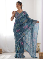 Vegaa Fashion Blue Chinon Silk Print Work With Mirror Work Border Designer Saree - Distacart