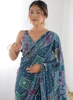Vegaa Fashion Blue Chinon Silk Print Work With Mirror Work Border Designer Saree - Distacart