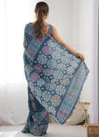 Vegaa Fashion Blue Chinon Silk Print Work With Mirror Work Border Designer Saree - Distacart