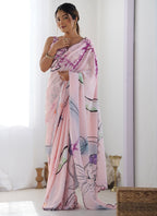 Vegaa Fashion Baby Pink Chinon Silk Print Work With Mirror Work Border Designer Saree - Distacart
