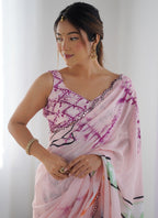 Vegaa Fashion Baby Pink Chinon Silk Print Work With Mirror Work Border Designer Saree - Distacart