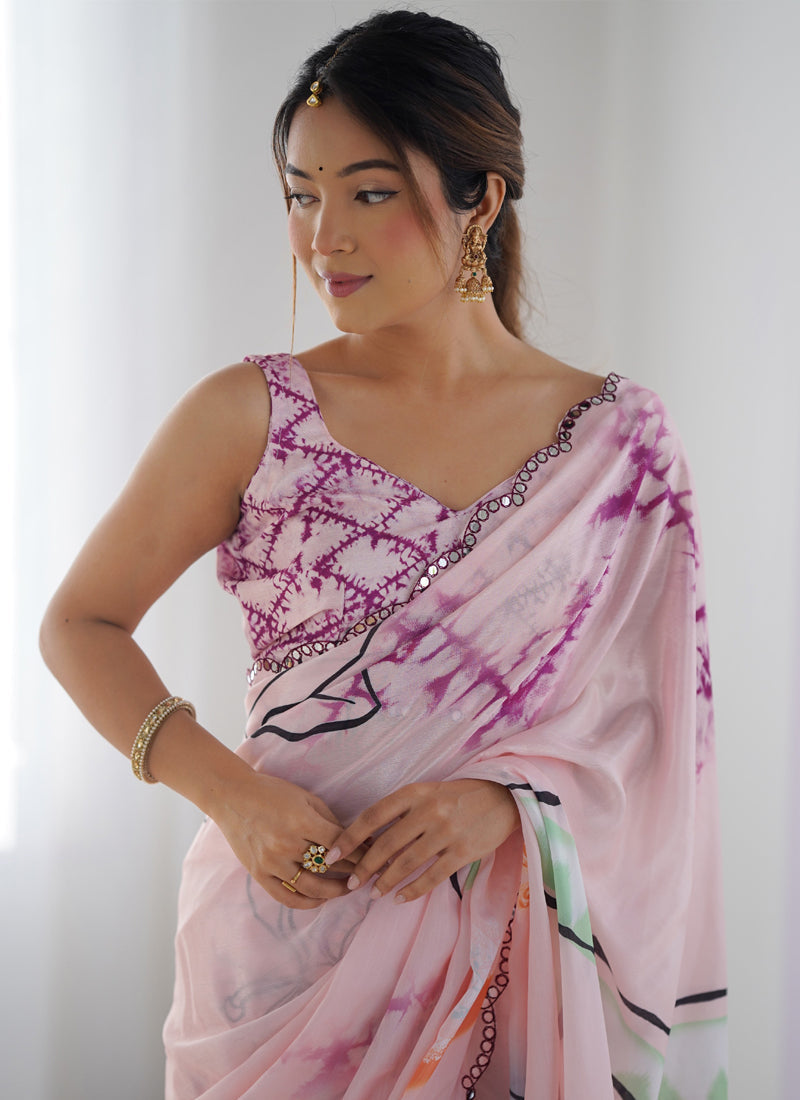 Vegaa Fashion Baby Pink Chinon Silk Print Work With Mirror Work Border Designer Saree - Distacart