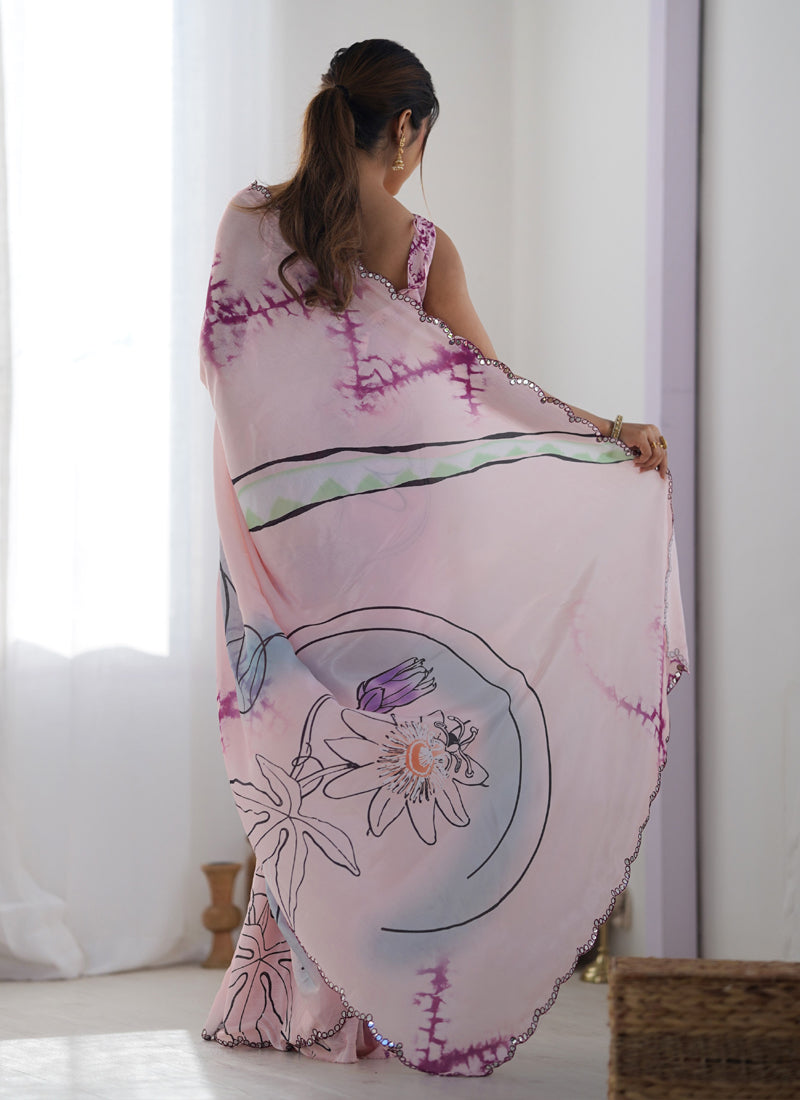 Vegaa Fashion Baby Pink Chinon Silk Print Work With Mirror Work Border Designer Saree - Distacart