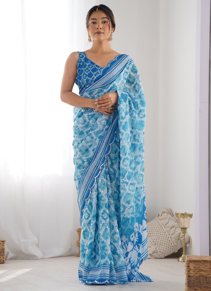 Vegaa Fashion Sky Blue Chinon Silk Print Work With Mirror Work Border Designer Saree - Distacart