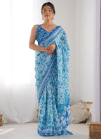 Vegaa Fashion Sky Blue Chinon Silk Print Work With Mirror Work Border Designer Saree - Distacart