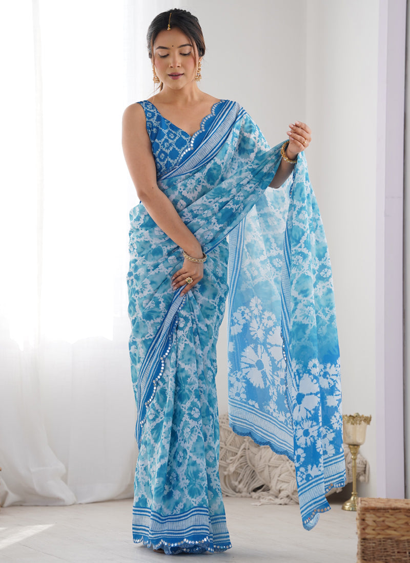 Vegaa Fashion Sky Blue Chinon Silk Print Work With Mirror Work Border Designer Saree - Distacart