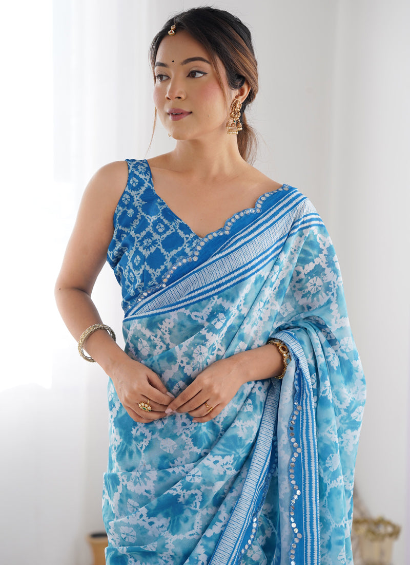 Vegaa Fashion Sky Blue Chinon Silk Print Work With Mirror Work Border Designer Saree - Distacart