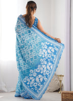 Vegaa Fashion Sky Blue Chinon Silk Print Work With Mirror Work Border Designer Saree - Distacart