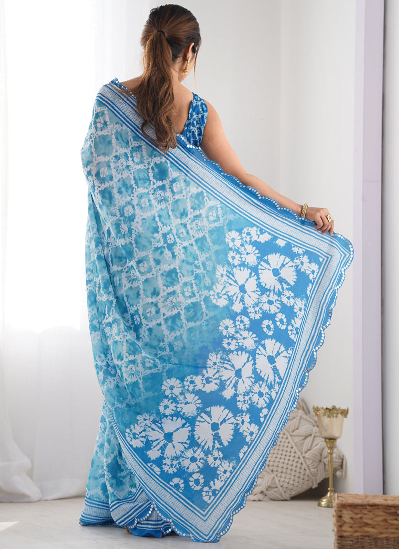 Vegaa Fashion Sky Blue Chinon Silk Print Work With Mirror Work Border Designer Saree - Distacart