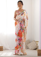 Vegaa Fashion Off White Chinon Silk Print Work With Mirror Work Border Designer Saree - Distacart