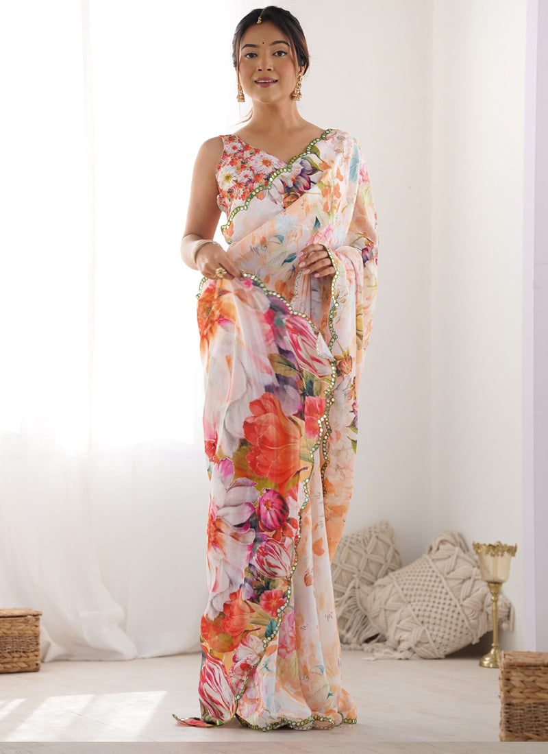 Vegaa Fashion Off White Chinon Silk Print Work With Mirror Work Border Designer Saree - Distacart