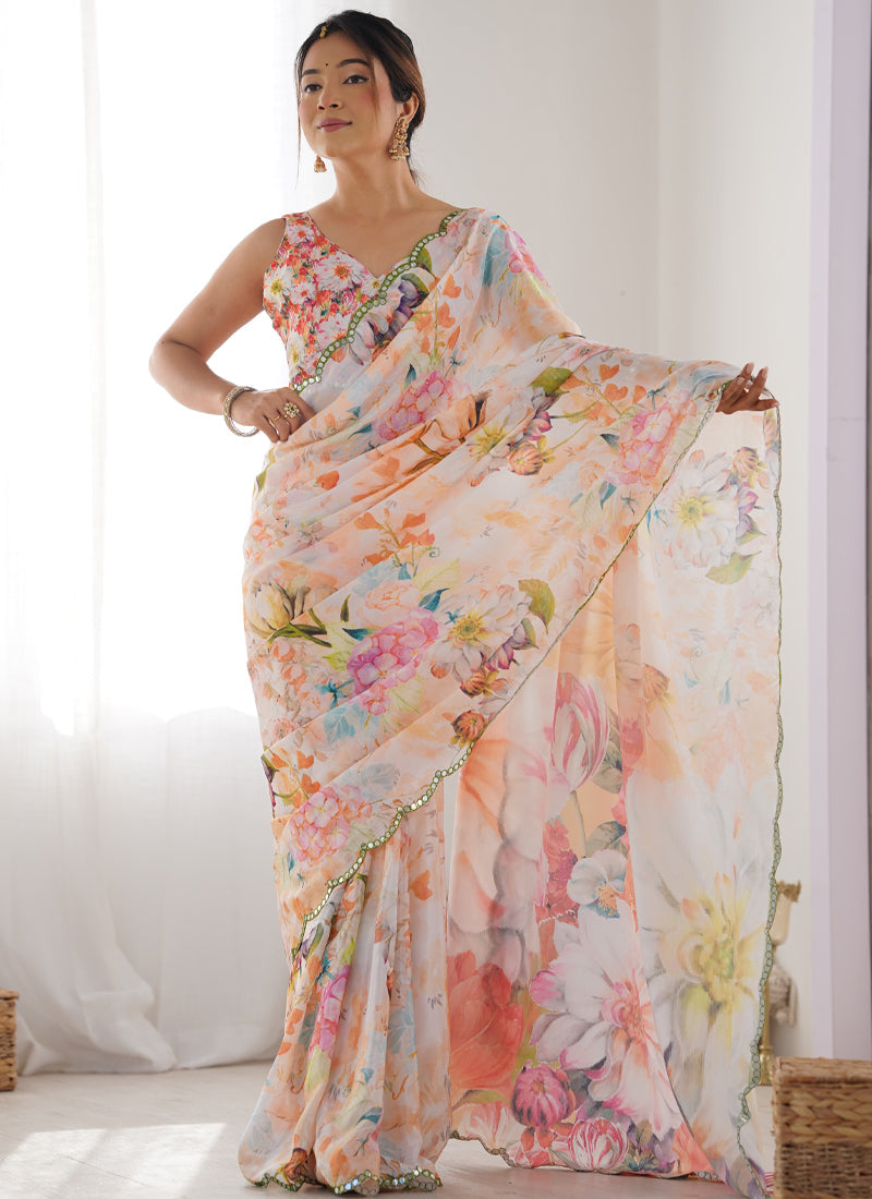 Vegaa Fashion Off White Chinon Silk Print Work With Mirror Work Border Designer Saree - Distacart