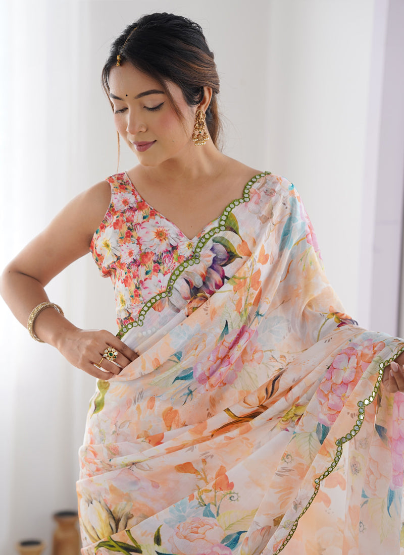 Vegaa Fashion Off White Chinon Silk Print Work With Mirror Work Border Designer Saree - Distacart