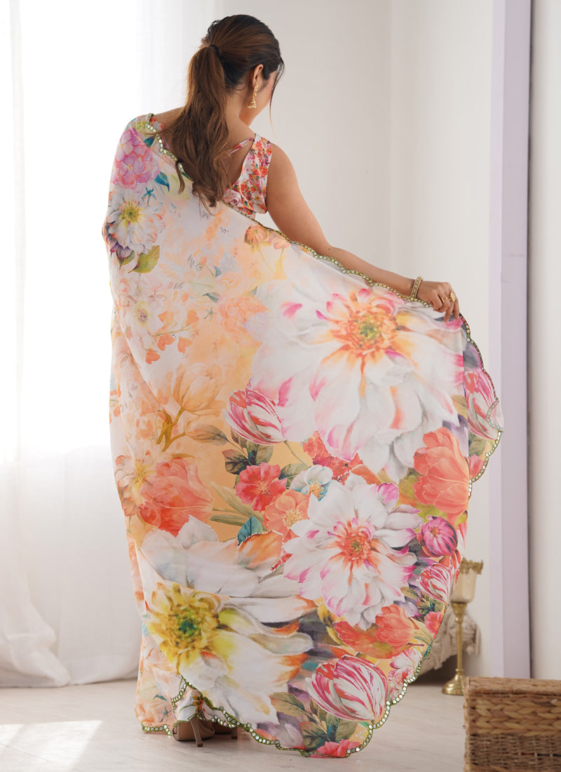 Vegaa Fashion Off White Chinon Silk Print Work With Mirror Work Border Designer Saree - Distacart