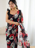 Vegaa Fashion Black Georgette Silk Printed Mirror Work Border Designer Saree - Distacart