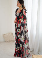 Vegaa Fashion Black Georgette Silk Printed Mirror Work Border Designer Saree - Distacart