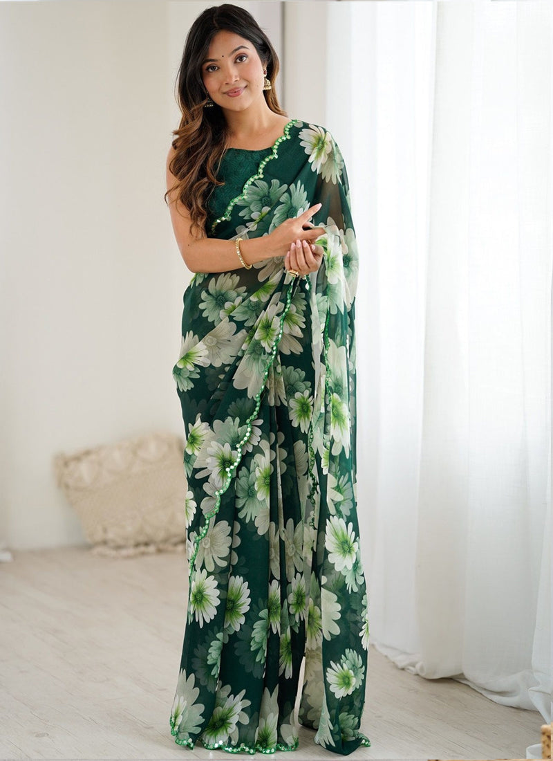 Vegaa Fashion Green Georgette Silk Printed Mirror Work Border Designer Saree - Distacart