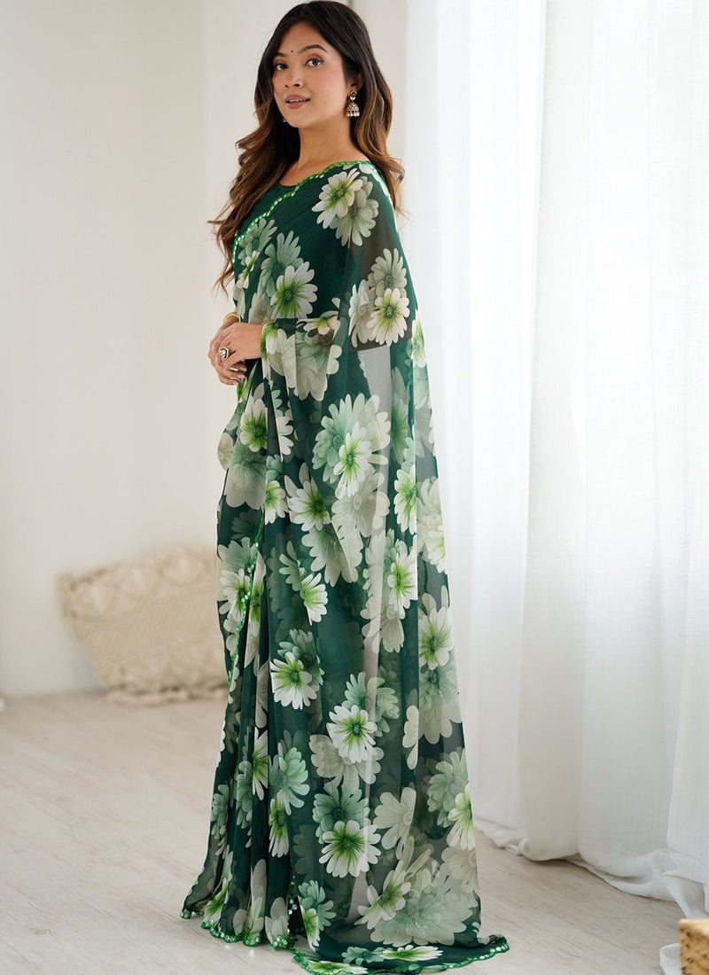 Vegaa Fashion Green Georgette Silk Printed Mirror Work Border Designer Saree - Distacart