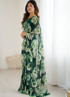 Vegaa Fashion Green Georgette Silk Printed Mirror Work Border Designer Saree - Distacart