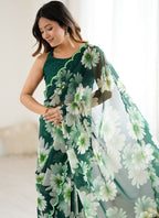 Vegaa Fashion Green Georgette Silk Printed Mirror Work Border Designer Saree - Distacart