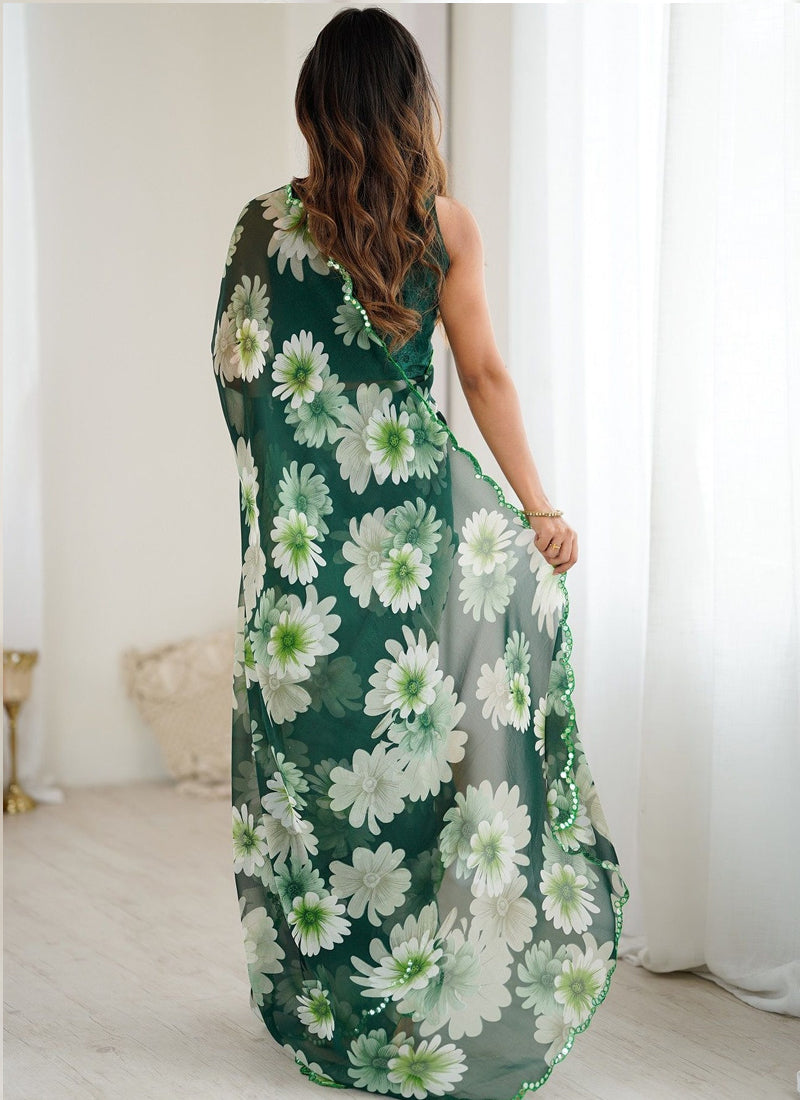 Vegaa Fashion Green Georgette Silk Printed Mirror Work Border Designer Saree - Distacart