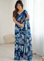 Vegaa Fashion Blue Georgette Silk Printed Mirror Work Border Designer Saree - Distacart