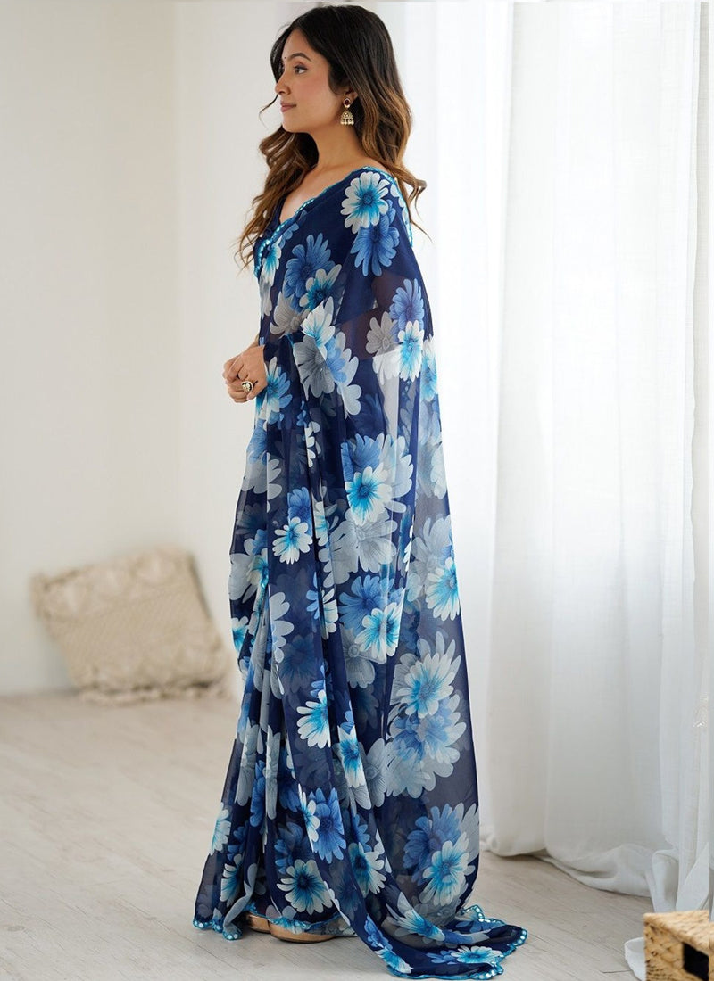 Vegaa Fashion Blue Georgette Silk Printed Mirror Work Border Designer Saree - Distacart