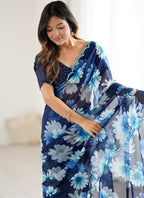 Vegaa Fashion Blue Georgette Silk Printed Mirror Work Border Designer Saree - Distacart