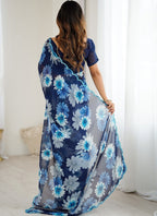 Vegaa Fashion Blue Georgette Silk Printed Mirror Work Border Designer Saree - Distacart