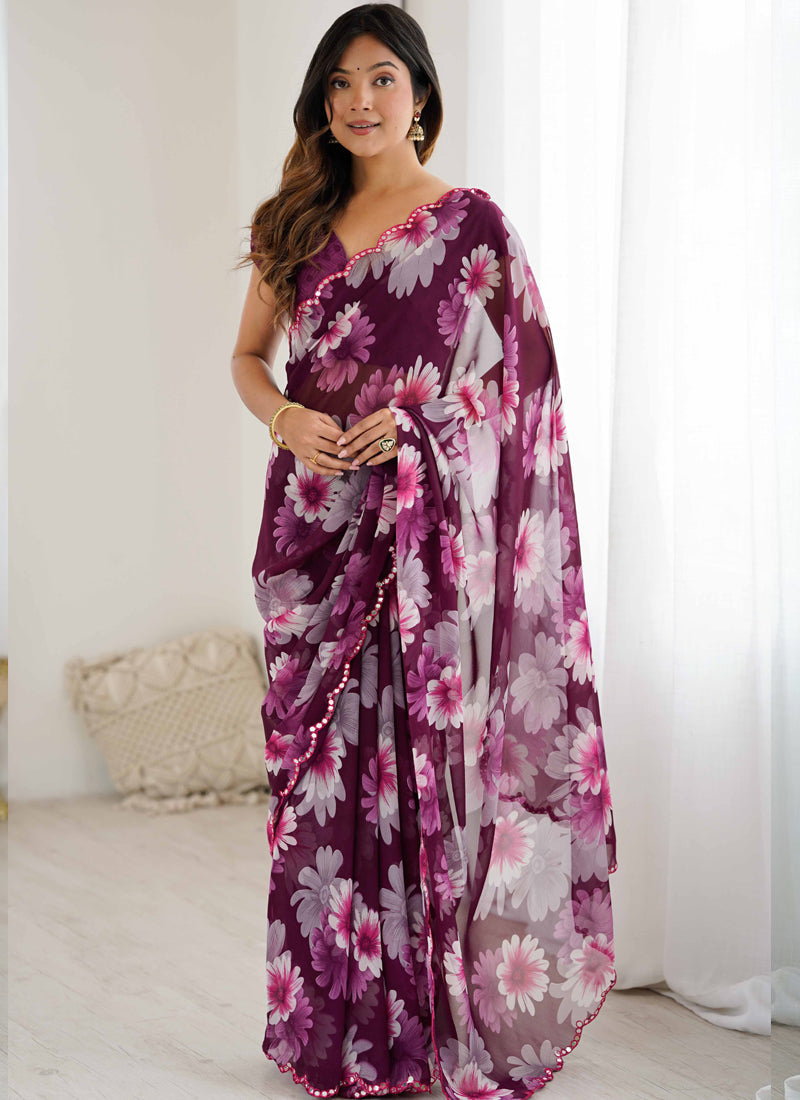 Vegaa Fashion Purple Georgette Silk Printed Mirror Work Border Designer Saree - Distacart