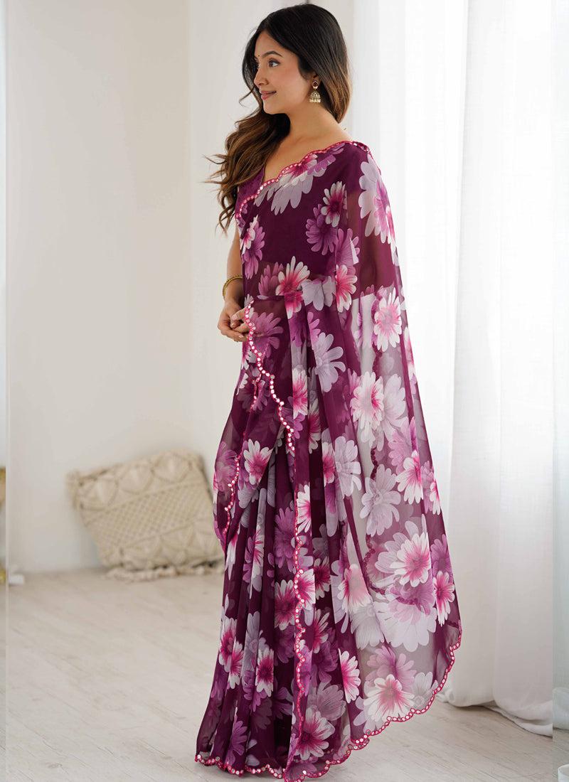 Vegaa Fashion Purple Georgette Silk Printed Mirror Work Border Designer Saree - Distacart