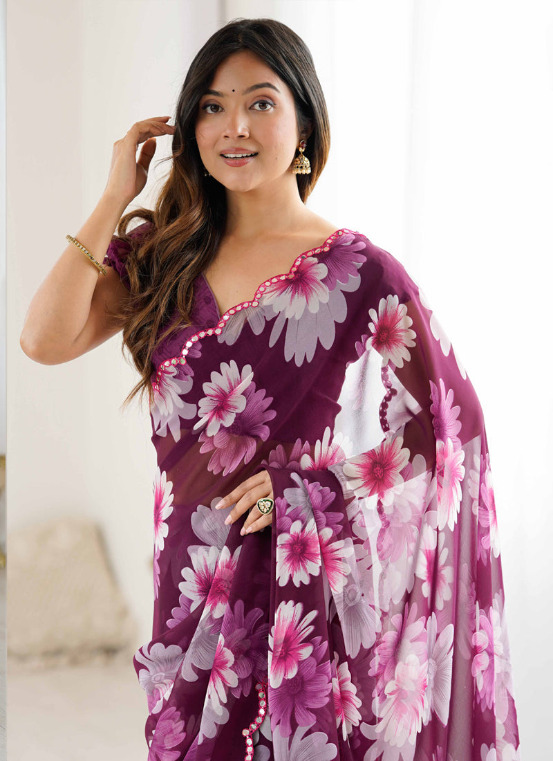 Vegaa Fashion Purple Georgette Silk Printed Mirror Work Border Designer Saree - Distacart