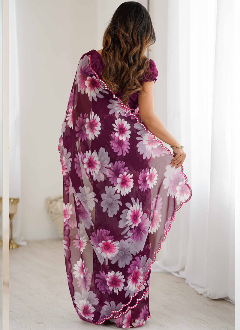 Vegaa Fashion Purple Georgette Silk Printed Mirror Work Border Designer Saree - Distacart