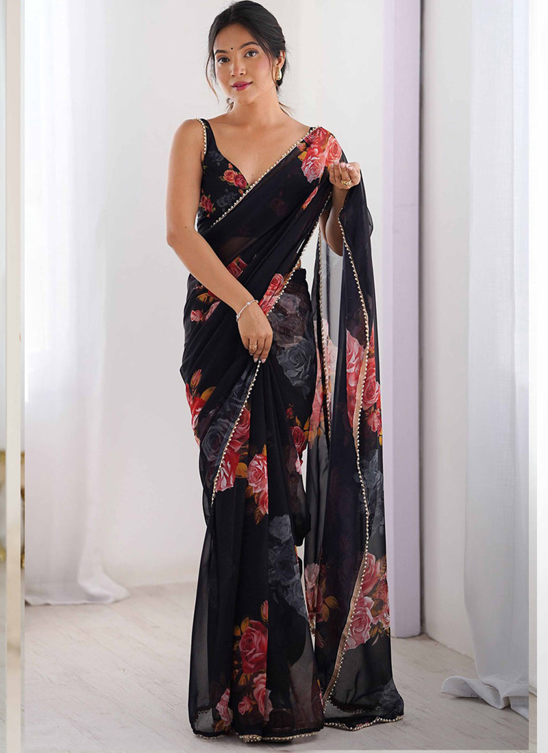 Vegaa Fashion Black Georgette Silk Printed Moti Work Border Designer Saree - Distacart