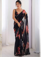 Vegaa Fashion Black Georgette Silk Printed Moti Work Border Designer Saree - Distacart