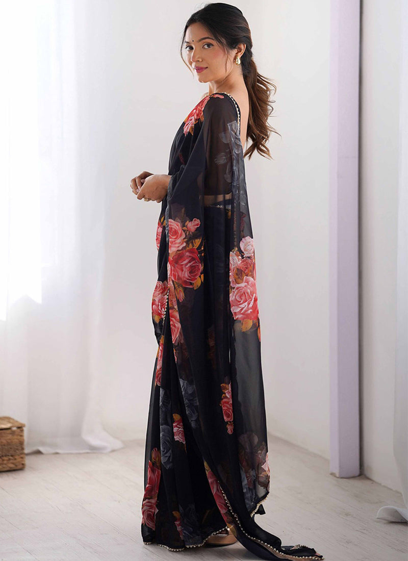 Vegaa Fashion Black Georgette Silk Printed Moti Work Border Designer Saree - Distacart