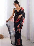 Vegaa Fashion Black Georgette Silk Printed Moti Work Border Designer Saree - Distacart