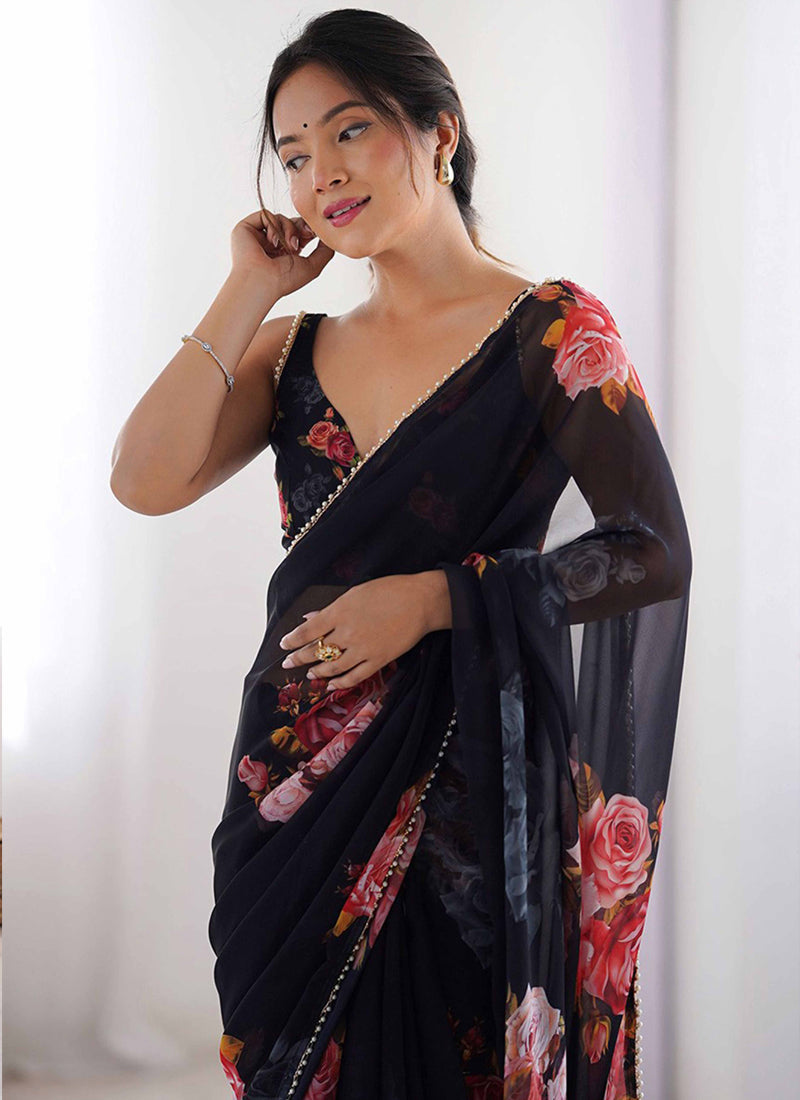 Vegaa Fashion Black Georgette Silk Printed Moti Work Border Designer Saree - Distacart