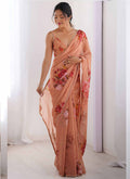 Vegaa Fashion Peach Georgette Silk Printed Moti Work Border Designer Saree - Distacart