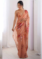 Vegaa Fashion Peach Georgette Silk Printed Moti Work Border Designer Saree - Distacart