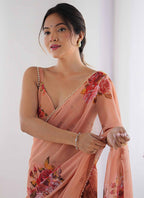 Vegaa Fashion Peach Georgette Silk Printed Moti Work Border Designer Saree - Distacart