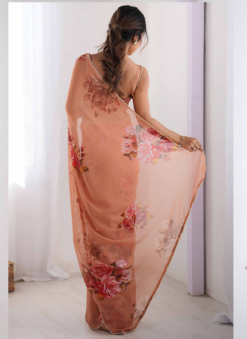 Vegaa Fashion Peach Georgette Silk Printed Moti Work Border Designer Saree - Distacart