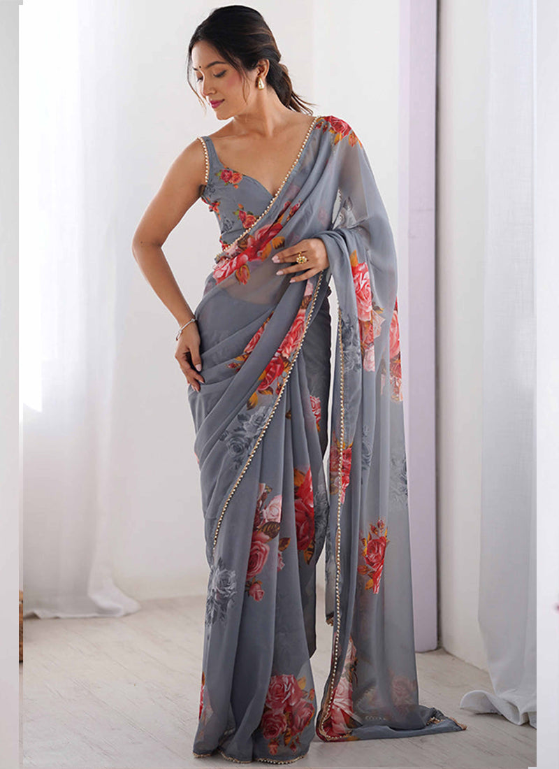Vegaa Fashion Grey Georgette Silk Printed Moti Work Border Designer Saree - Distacart